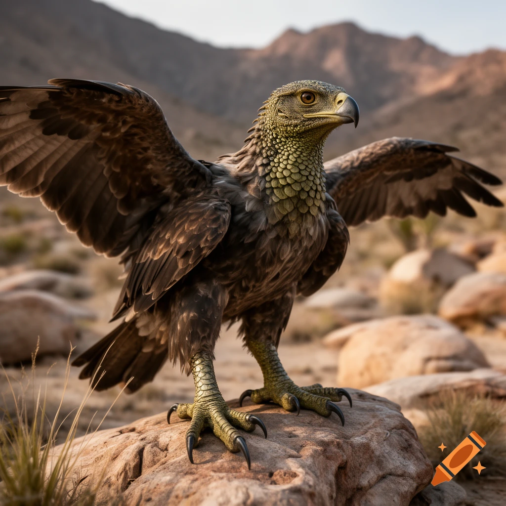 Photorealistic hybrid creature with the body and wings of an eagle, a scaly reptilian neck, and sharp talons standing on a desert rock.