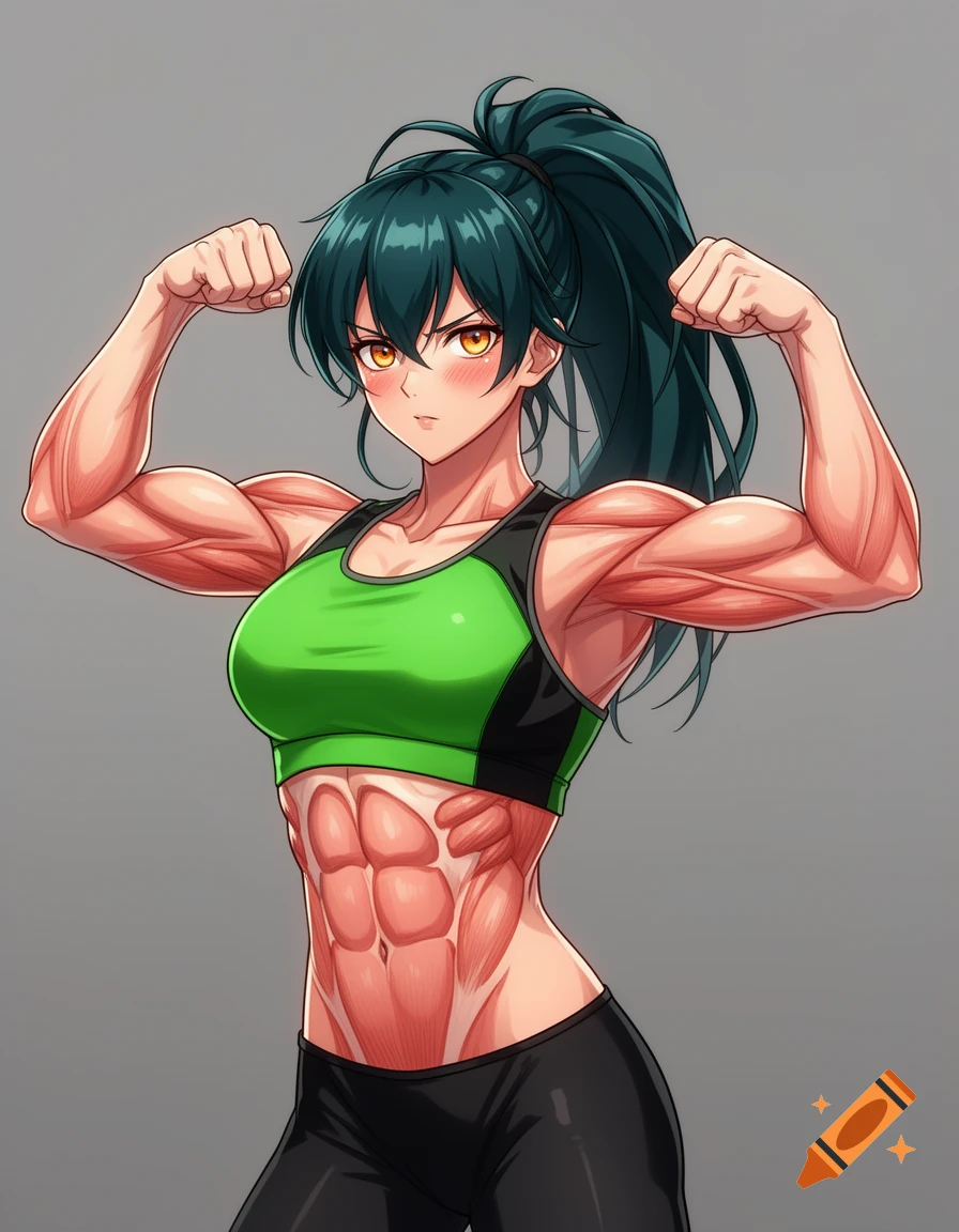 Digital anime illustration of a muscular young woman with dark teal hair in a high ponytail, flexing her biceps in a green sports bra.