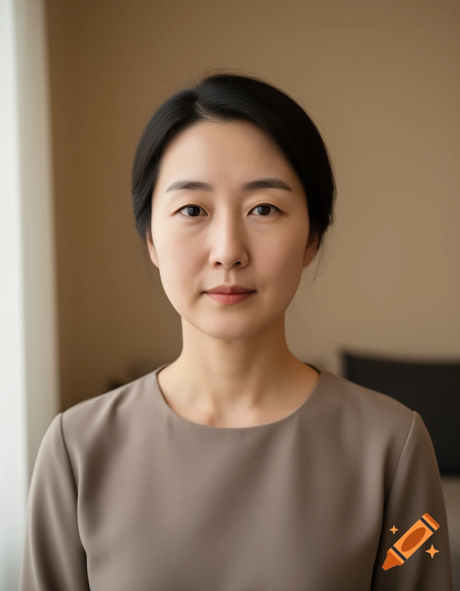 Photorealistic portrait of a Korean woman with monolid eyes wearing a beige top against a neutral background.