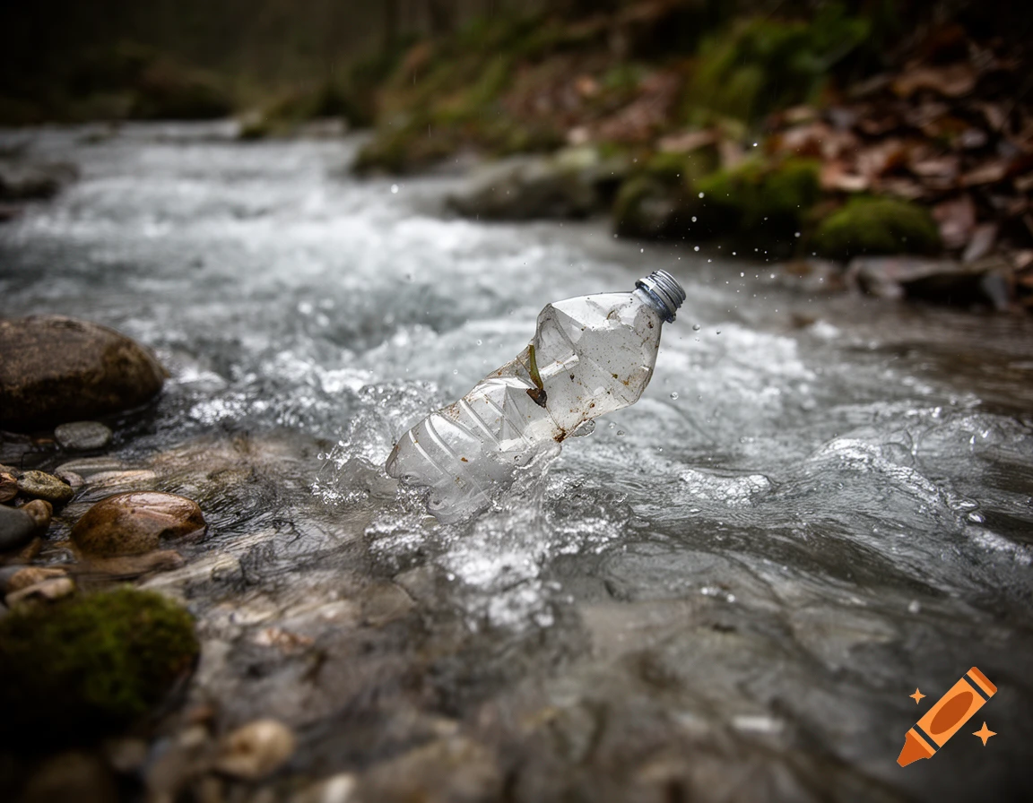 A clear plastic bottle floating in a fast-moving rocky stream, photorealistic.
