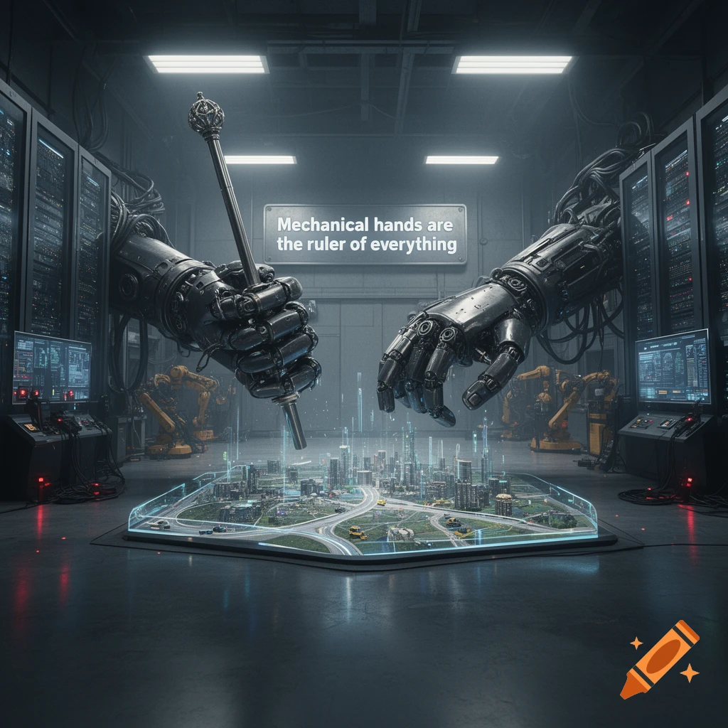 Robotic hands in a futuristic control room holding a sceptre over a glowing holographic city model, photorealistic.