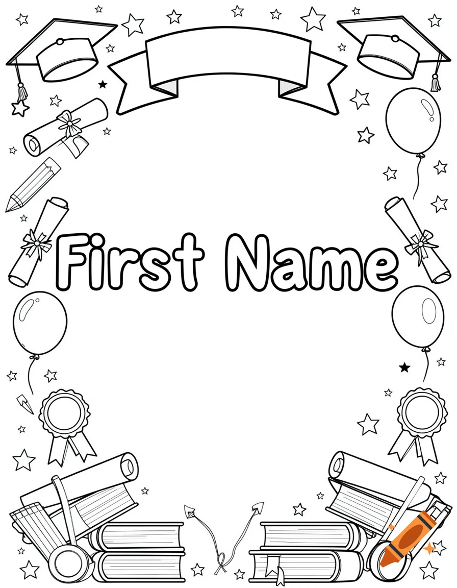 Black and white graduation coloring page border featuring graduation caps, scrolls, balloons, ribbons, and the text First Name.