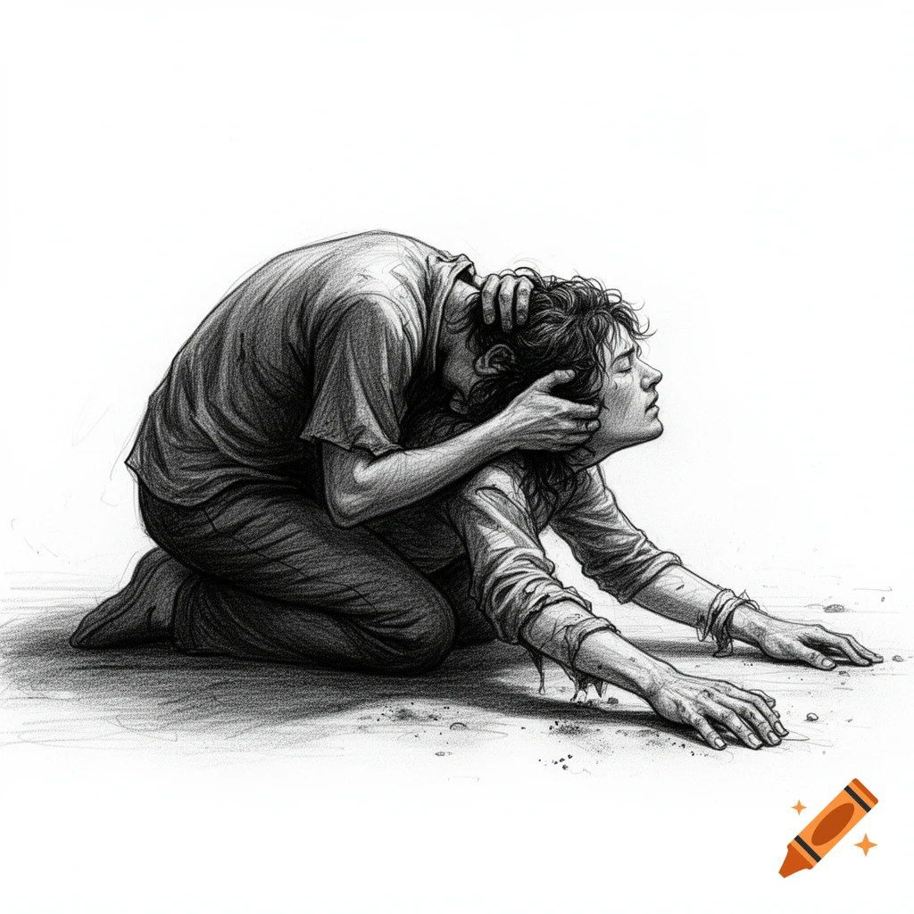 Pencil sketch of a grieving person kneeling and clinging desperately to a fallen friend on the ground.