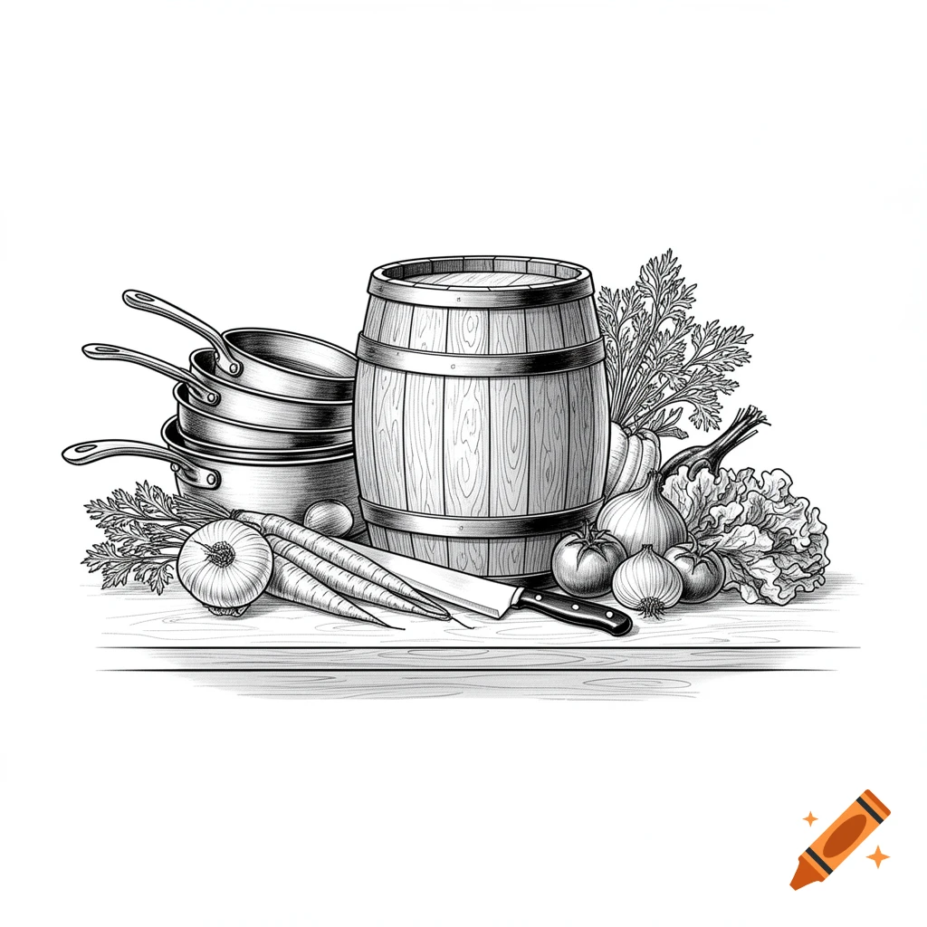 Black and white line drawing of a wooden barrel, pots and pans, a knife, and various vegetables on a table.