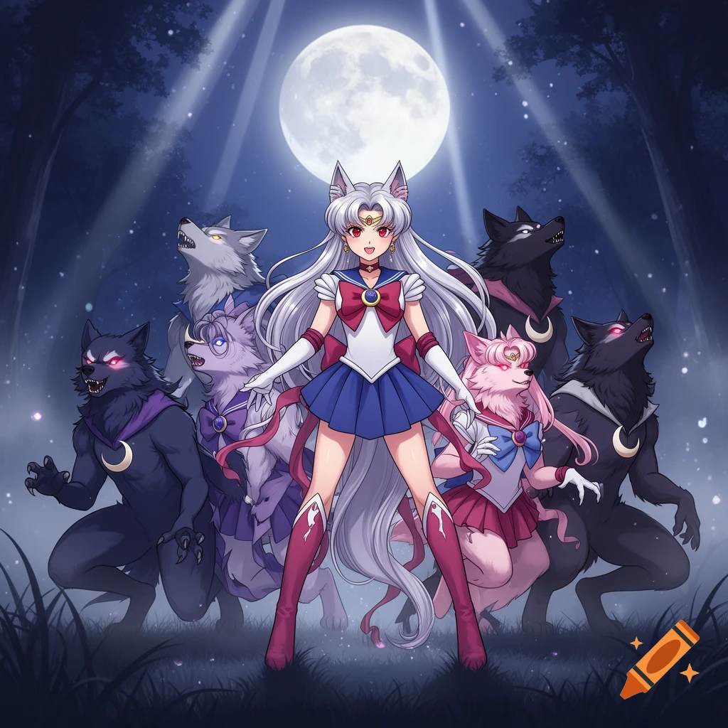 Anime style illustration of Sailor Moon flanked by a group of werewolves in a moonlit forest.