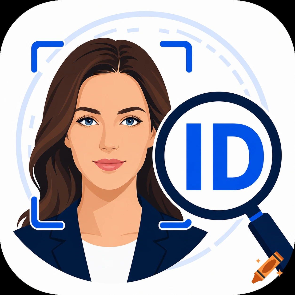 Digital illustration of a woman's face with a magnifying glass over the letters ID, designed for a face recognition app.