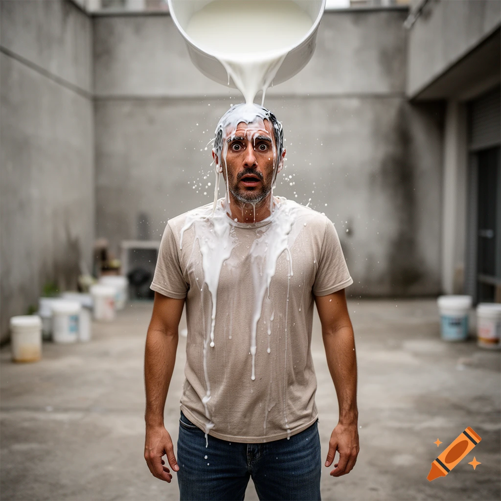 Photorealistic portrait of a man looking surprised as a bucket of milk is poured over his head outdoors.