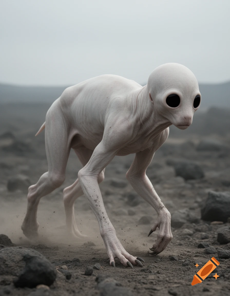 Photorealistic image of a pale, four-legged alien creature with large black void eyes walking on a rocky, dusty barren terrain.
