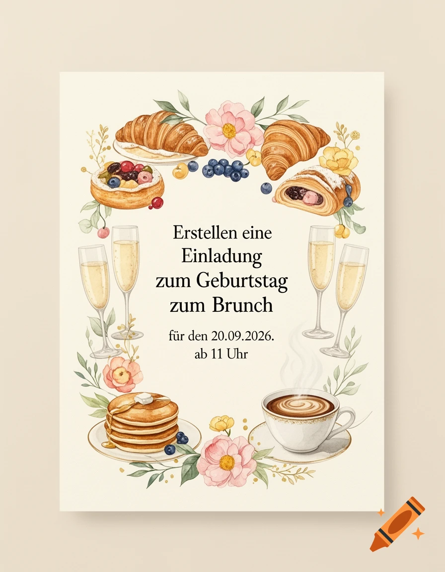 Watercolor illustration of a birthday brunch invitation framed with croissants, pastries, champagne glasses, pancakes, and coffee.