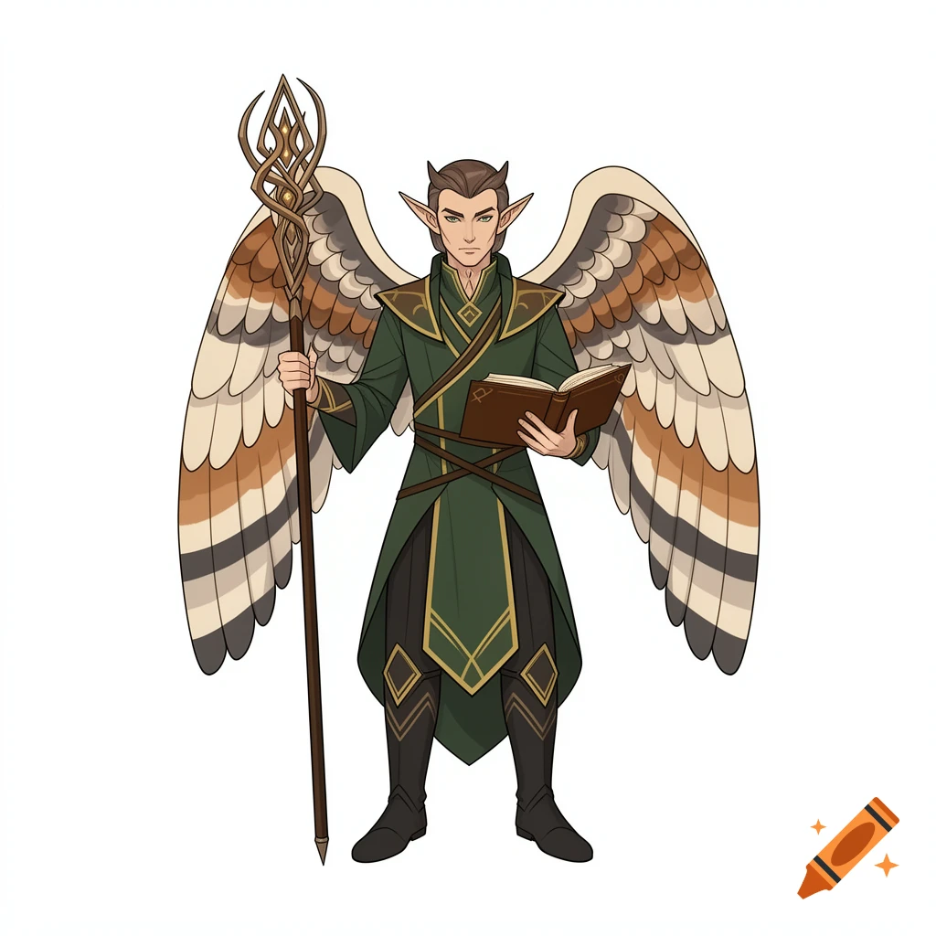 Digital illustration of a male elf with barred owl wings holding a staff and a book.