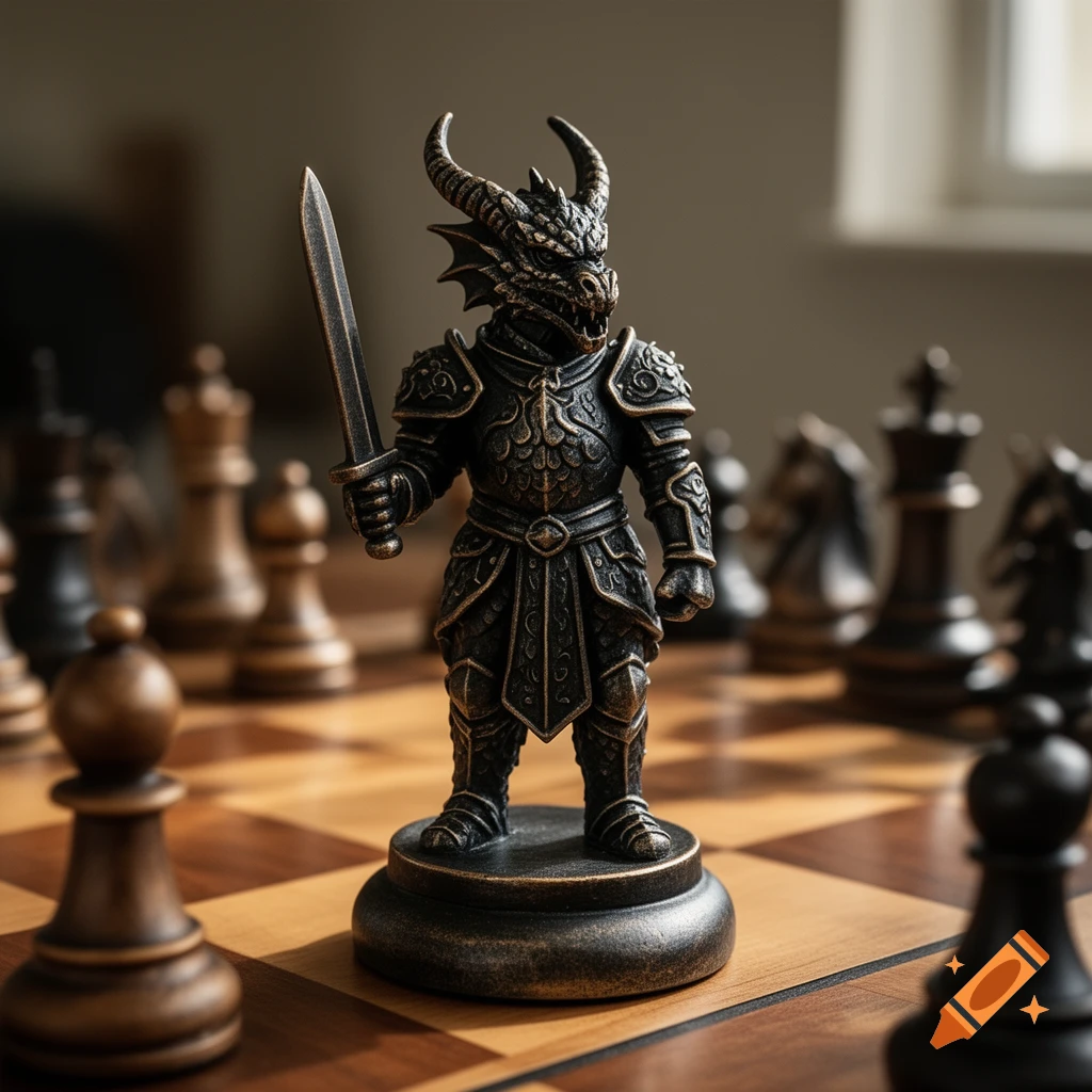 Close-up photorealistic shot of a dragon knight chess piece holding a sword on a wooden chessboard.