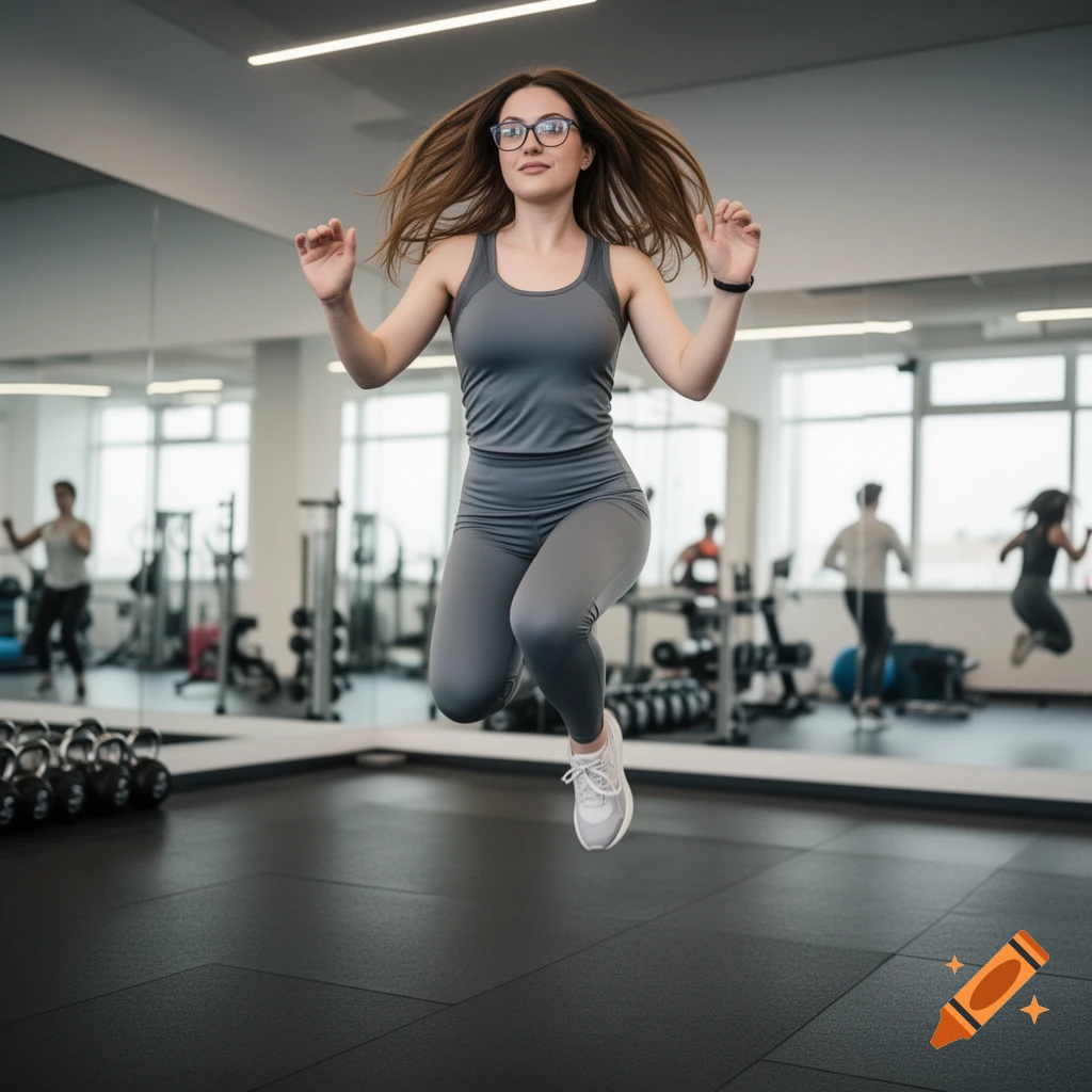 Photorealistic image of a woman with brown hair and glasses mid-air jumping in a gym.