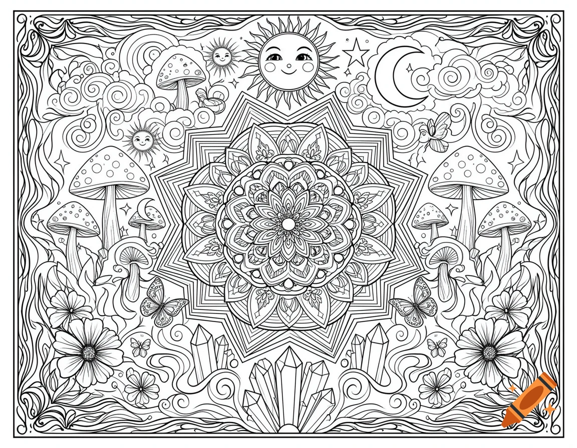 Black and white intricate coloring book page featuring a central mandala, sun, moon, mushrooms, crystals, and flowers in a psychedelic style.