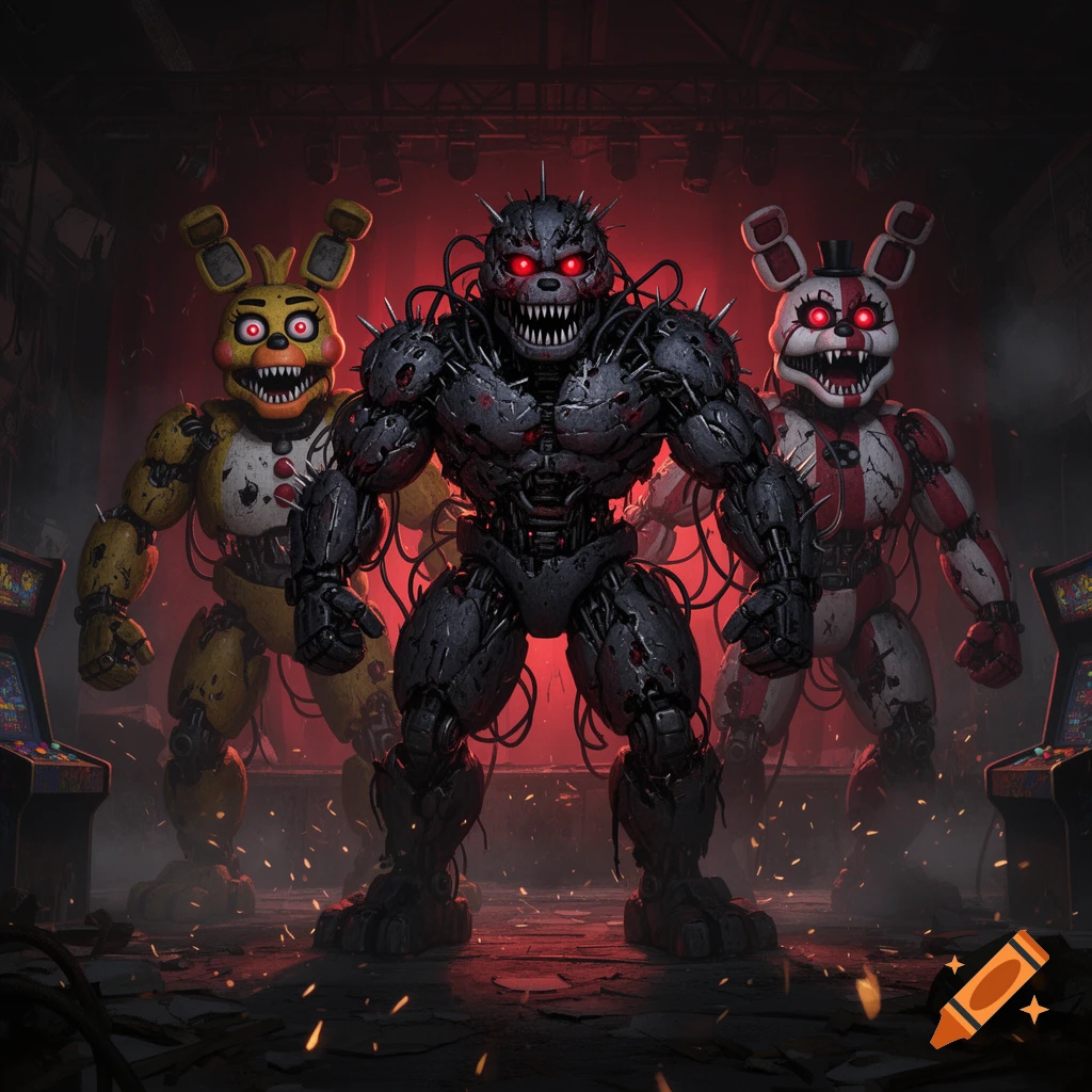 Three muscular, terrifying animatronic characters with red glowing eyes stand in a dark, debris-filled room with red lighting.