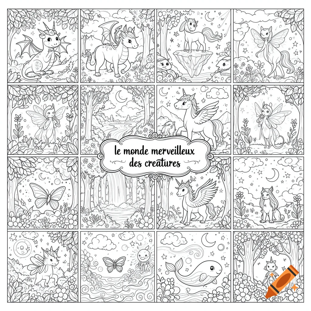 Black and white coloring page grid featuring various fantasy creatures like dragons, unicorns, and fairies with French text in the center.