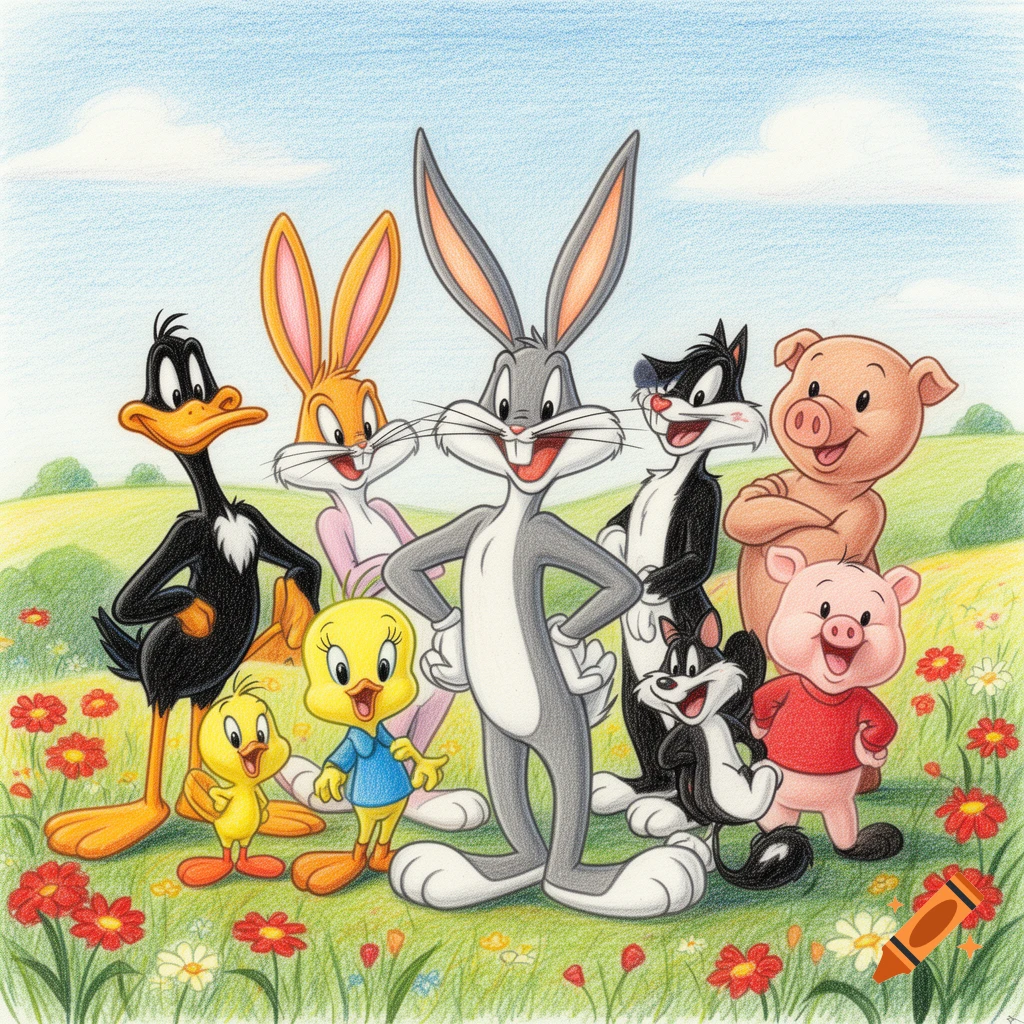 Color pencil style drawing of the Looney Tunes cast in a flowery field.