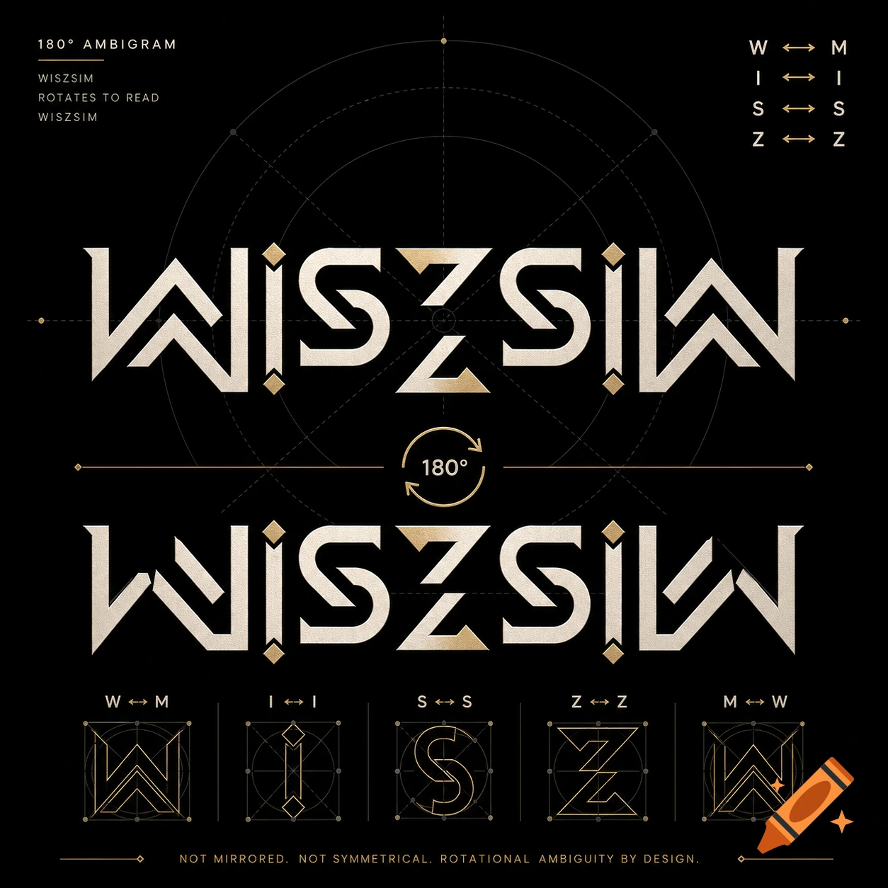 A 180-degree rotational ambigram of the word WISZSIM in a metallic gold and silver font on a dark background.