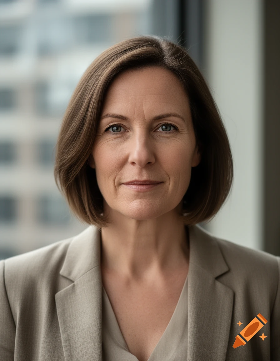 Photorealistic portrait of a 40-year-old white woman with short brown hair wearing a beige blazer.
