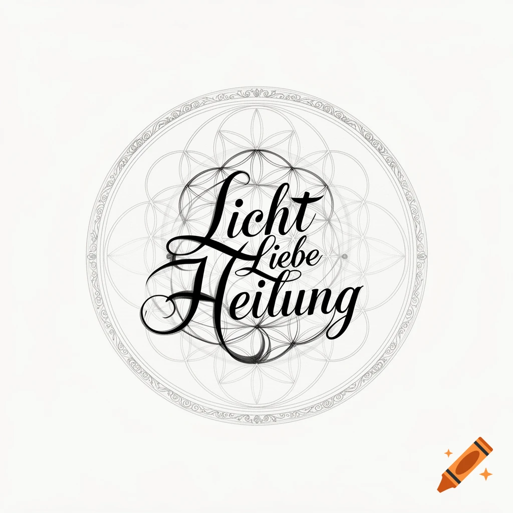 Monochrome calligraphy of the words Licht, Liebe, Heilung intertwined in front of a Flower of Life symbol.