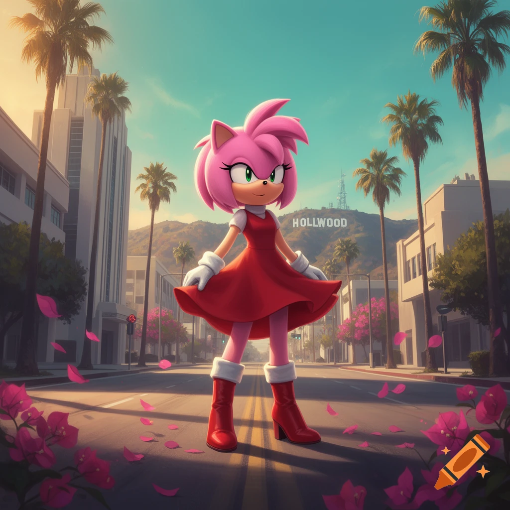 Amy Rose from Sonic the Hedgehog standing in the middle of a Los Angeles street with palm trees and the Hollywood sign in the background.