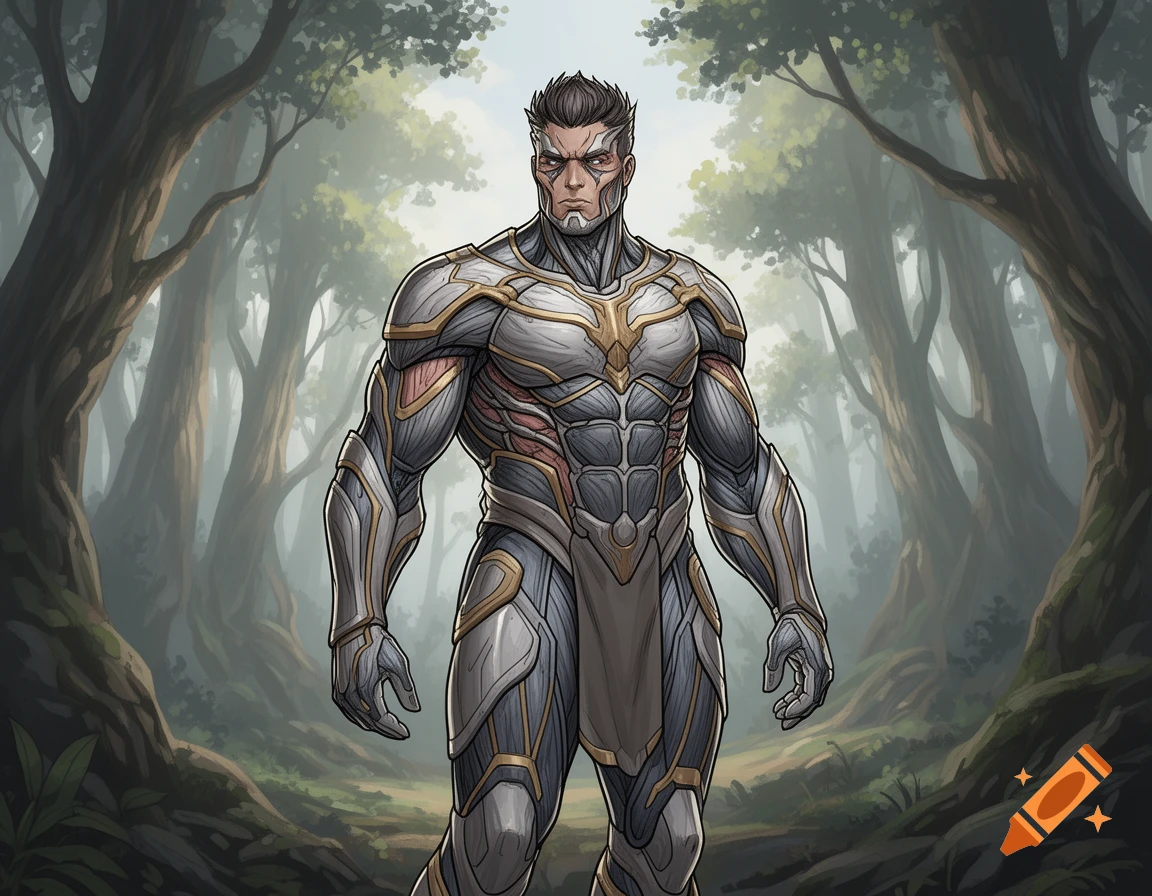 Digital illustration of a muscular male hero in ornate silver and gold armor standing in a dense forest.