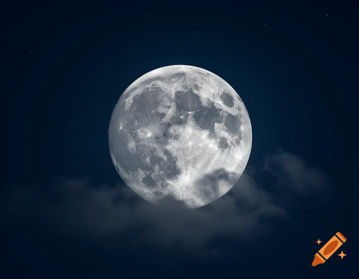 Detailed full moon against a dark night sky with faint stars and soft clouds drifting past.