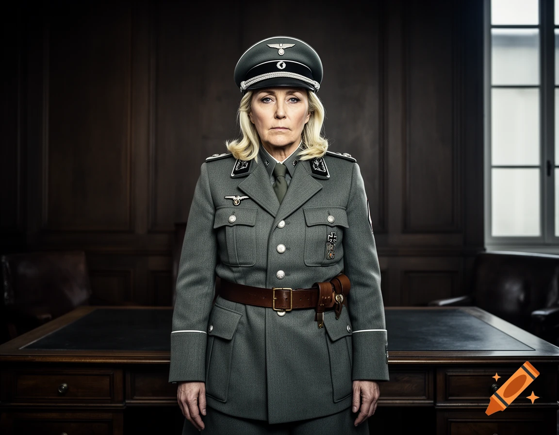 Photorealistic portrait of a woman resembling Marine Le Pen in a historical Nazi officer uniform inside a wood-paneled office.
