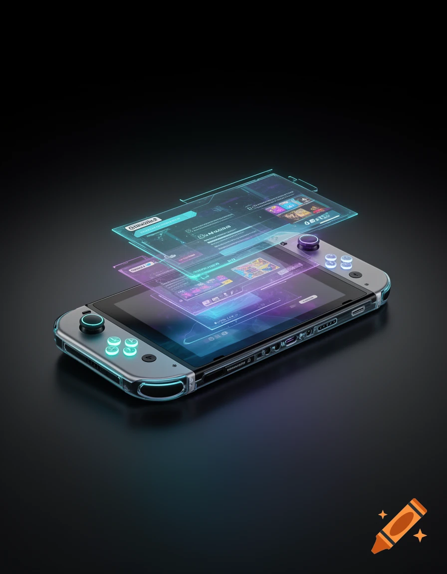 Futuristic gaming console with holographic displays and glowing neon buttons on a dark background, photorealistic.