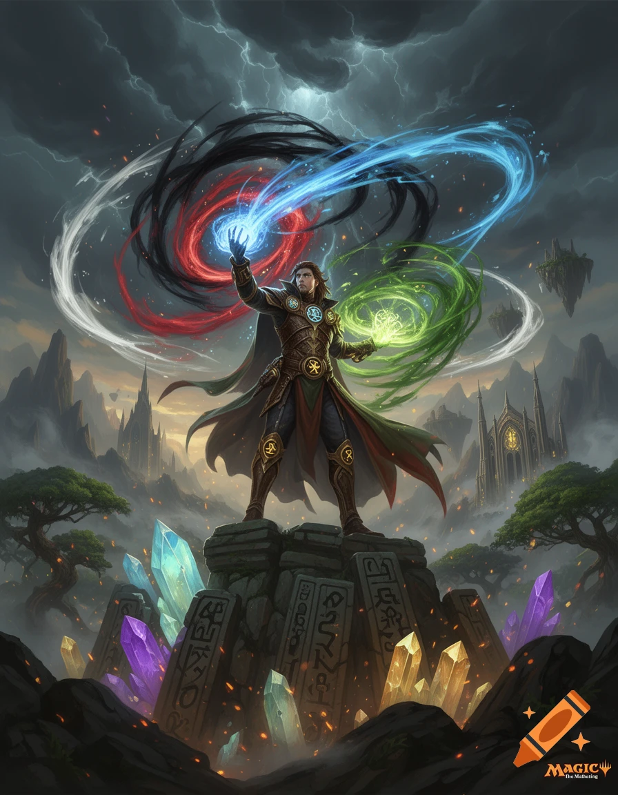 Fantasy art of a male mage standing on a stone pillar, casting elemental spells in a dramatic landscape.