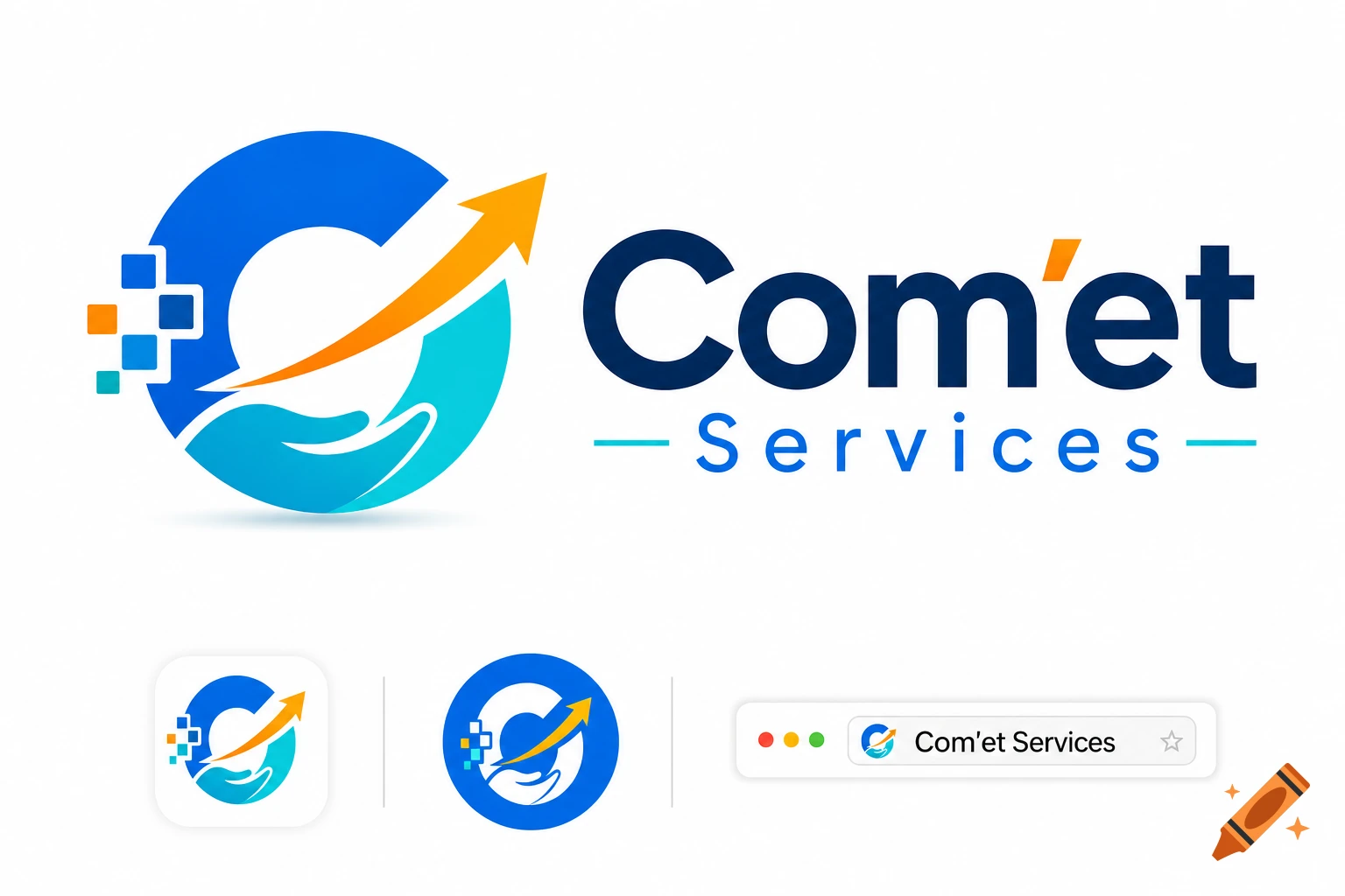 Logo design for Com'et Services featuring a blue and orange letter C with an upward arrow and a stylized hand.