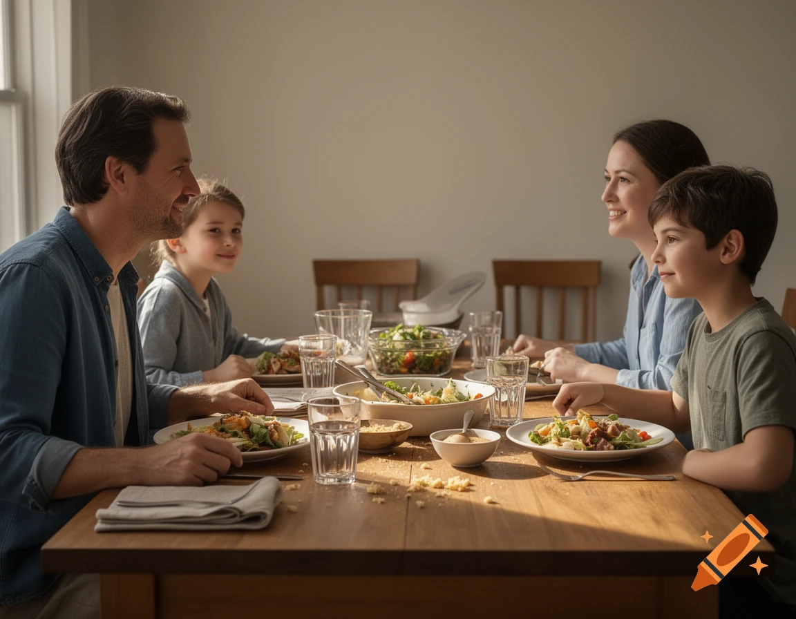 Photorealistic image of a family of four having a meal together at a wooden dining table.