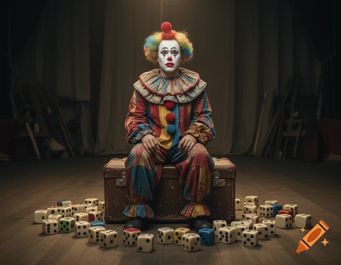 A vintage-style photorealistic clown sitting on an old suitcase surrounded by many dice on a wooden floor.