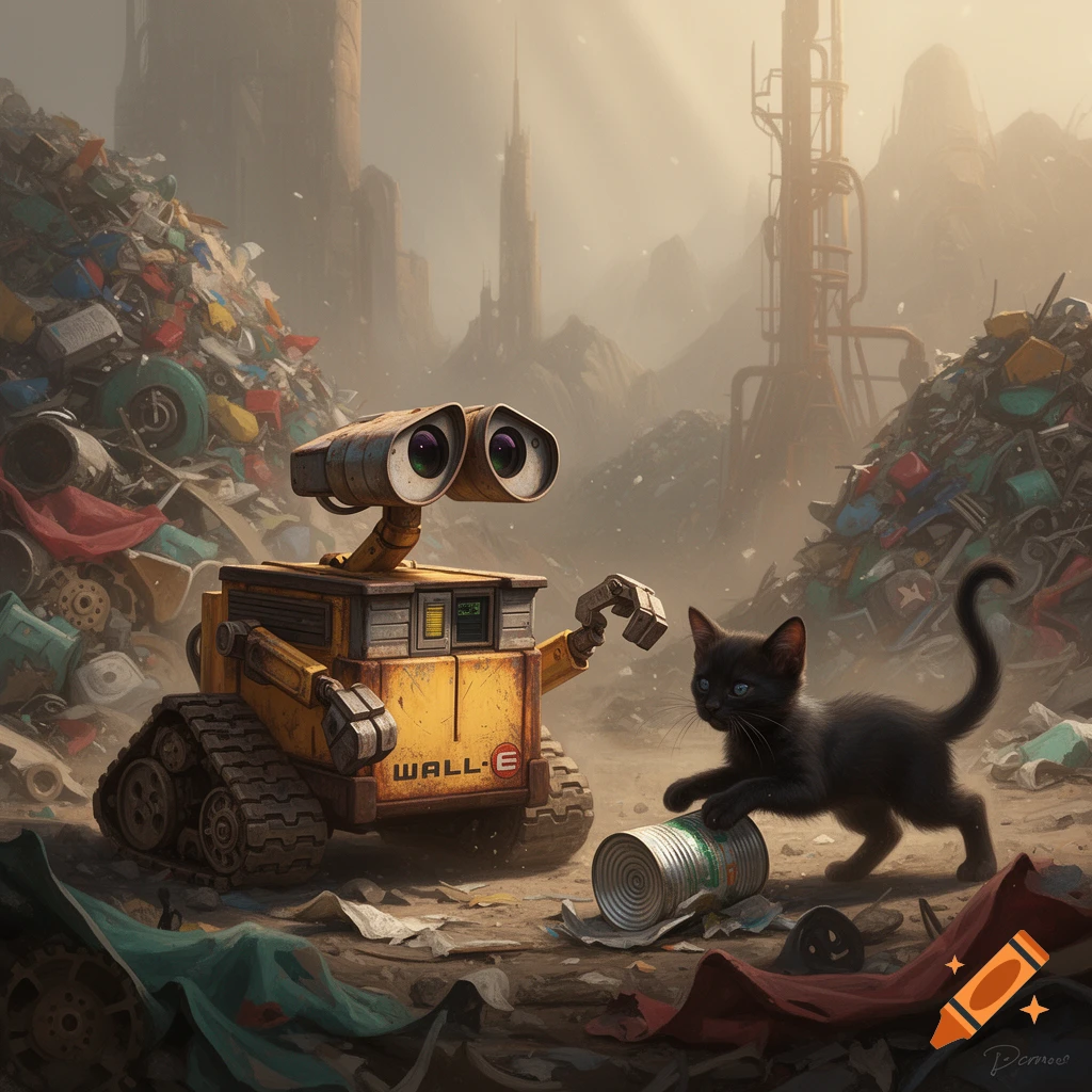 Wall-E robot and a black kitten playing with a tin can in a junkyard, digital illustration.