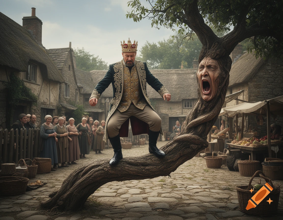 Photorealistic scene of a king wearing a crown performing a dance stance on a large tree branch with a screaming human face.