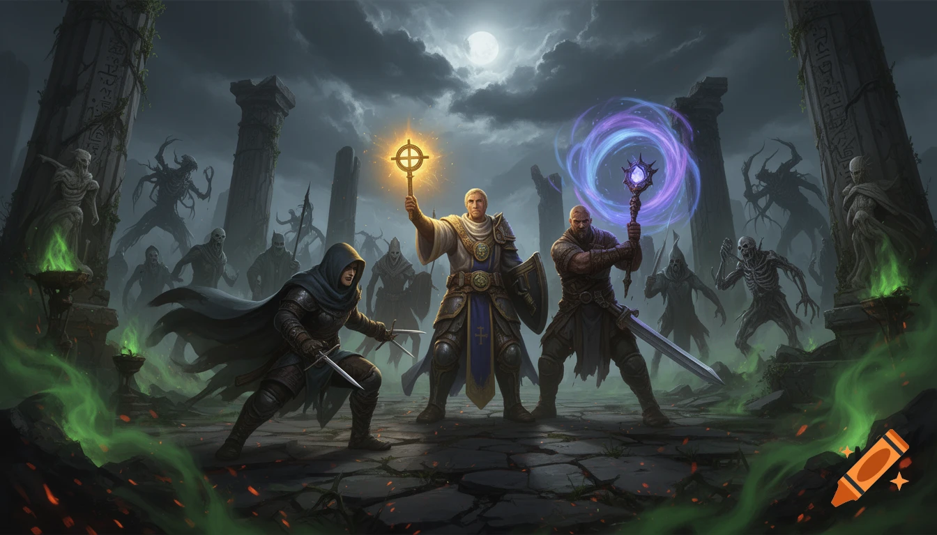 Digital painting of a Dungeons and Dragons party fighting enemies in a cursed ruin under a full moon.