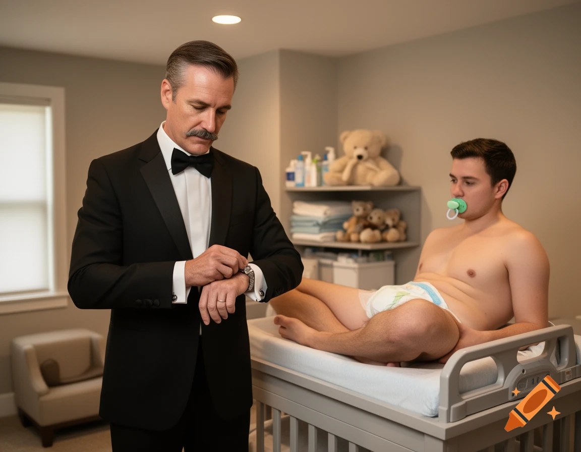 A mature man in a tuxedo adjusting his cufflinks next to a young man in a diaper and pacifier sitting on a changing table.