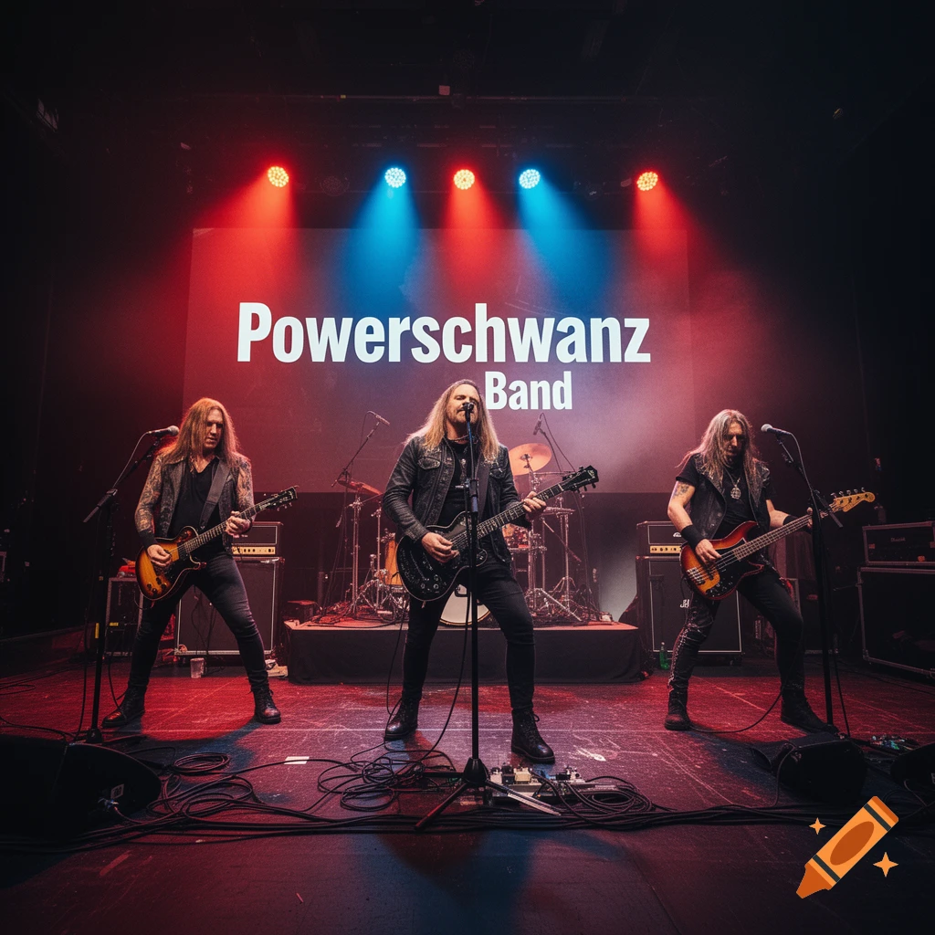 Rock band performing on a stage with red and blue lighting and text reading Powerschwanz Band in the background, photorealistic.