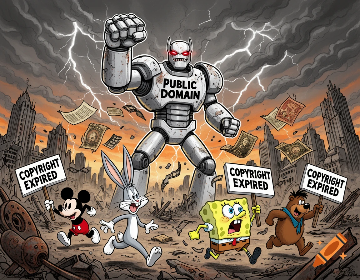 A political cartoon showing a giant robot labeled Public Domain chasing classic cartoon characters through a destroyed city.