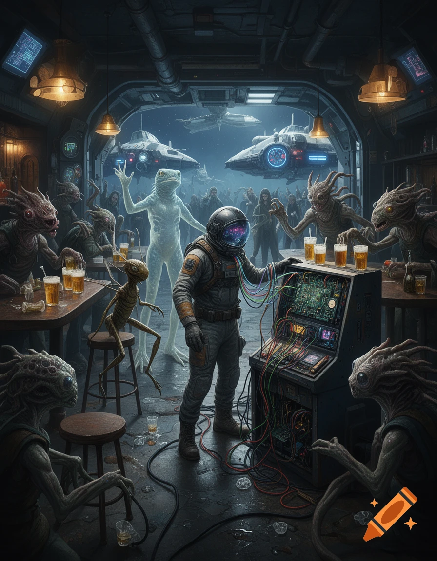 Detailed digital painting of an astronaut operating a futuristic quantum computer console inside a crowded sci-fi bar filled with diverse alien creatures.