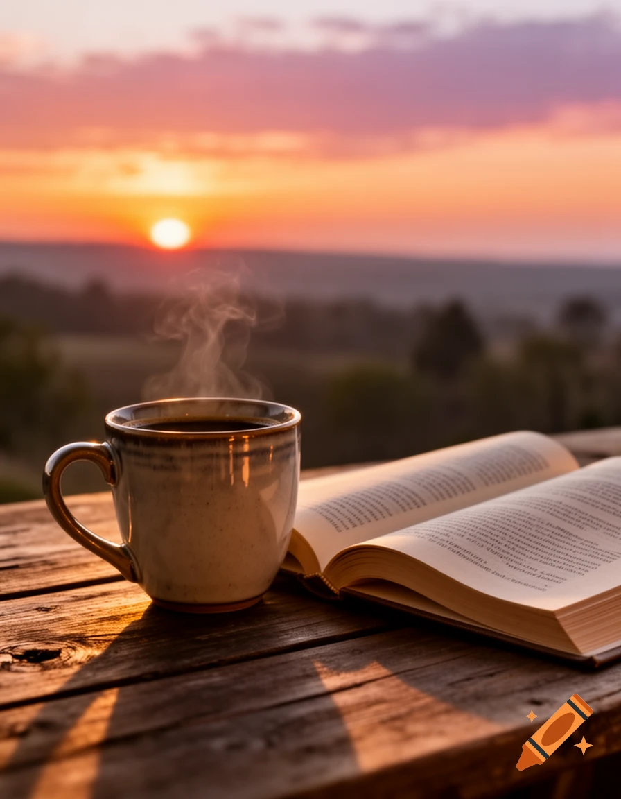 An open book and a steaming mug of coffee on a wooden table outdoors during a vibrant sunset.