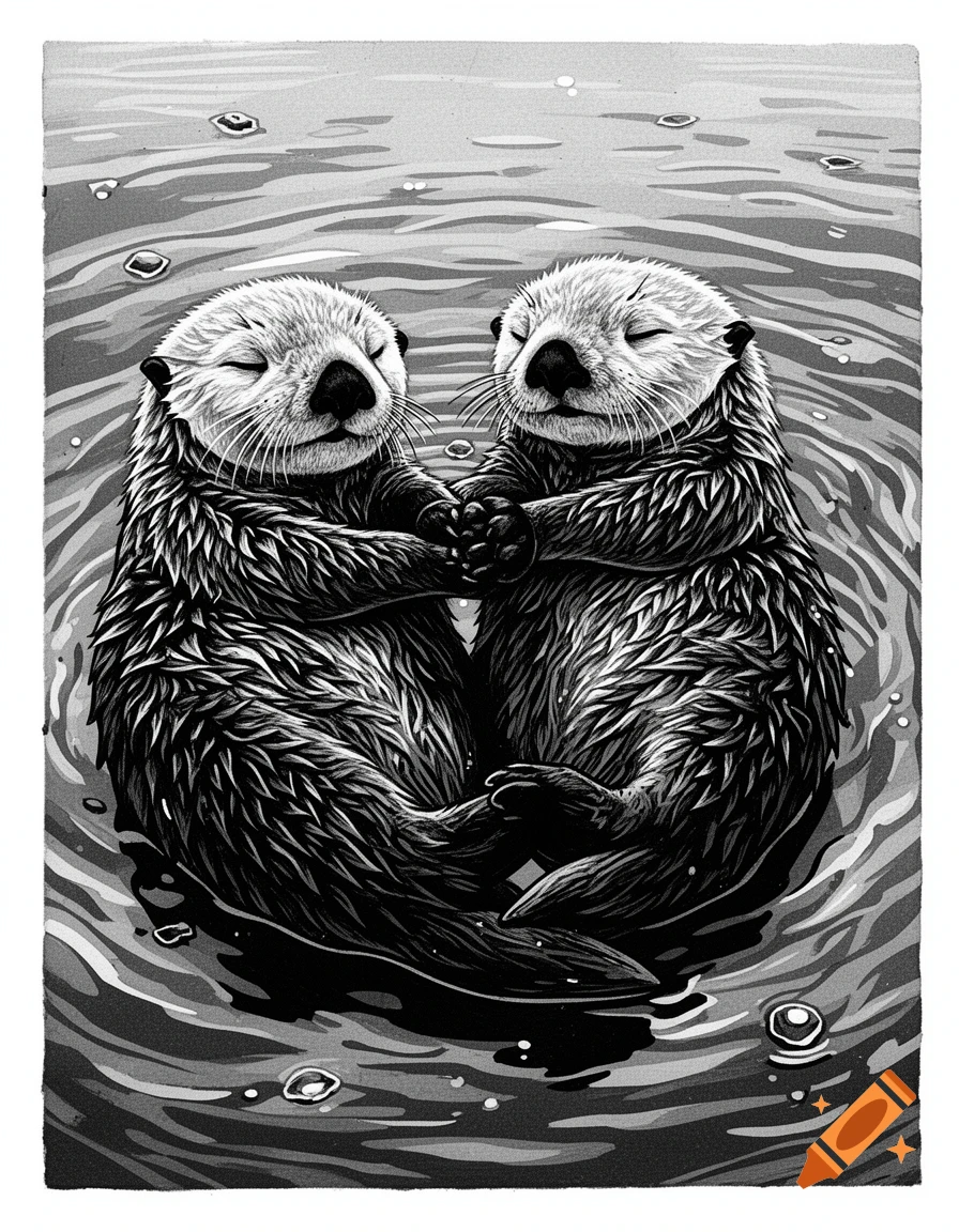 Black and white woodcut style illustration of two sea otters floating on their backs in water, holding hands while sleeping.
