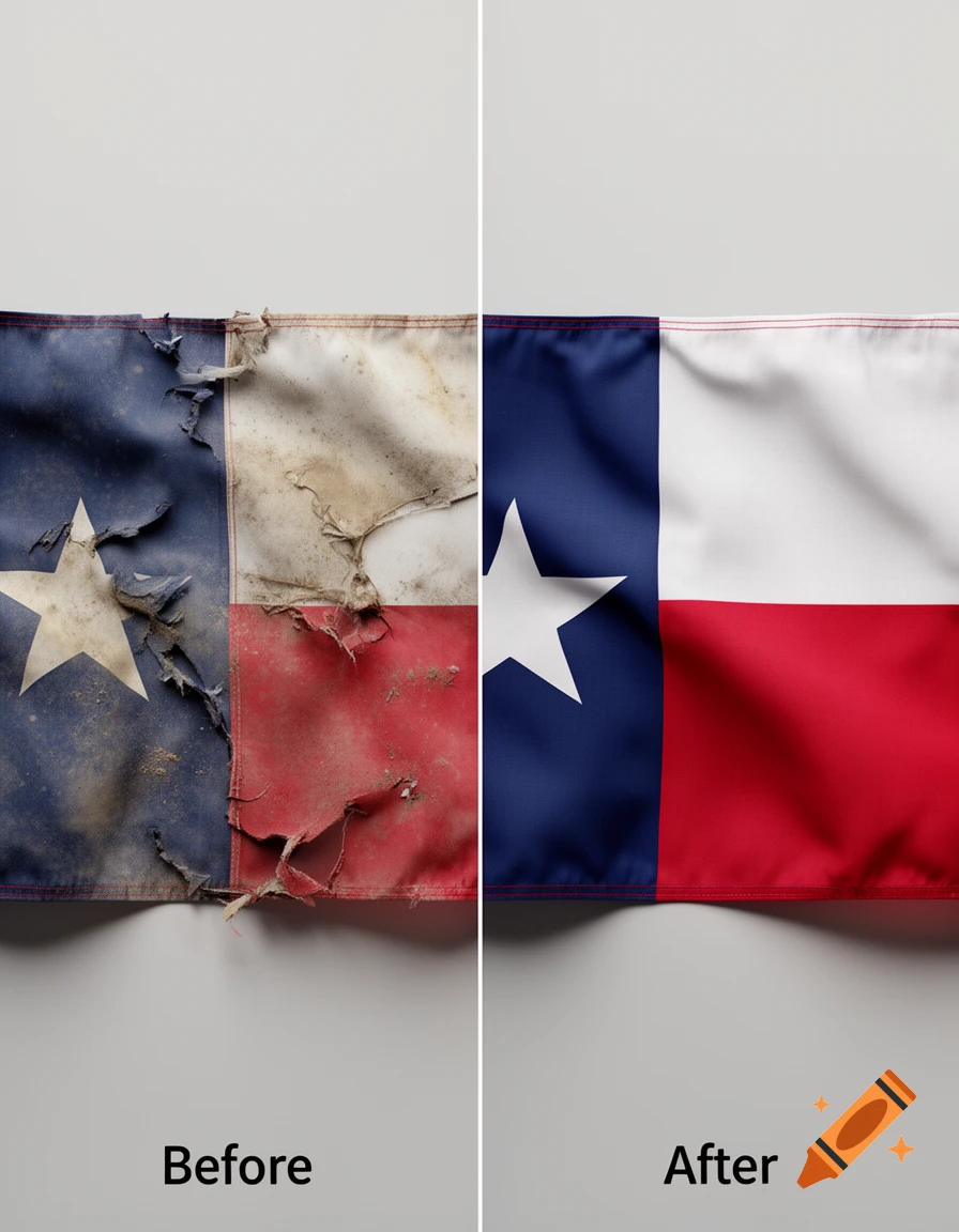 Before and after comparison of the Texas flag showing a tattered, dirty flag on the left and a clean, vibrant flag on the right.