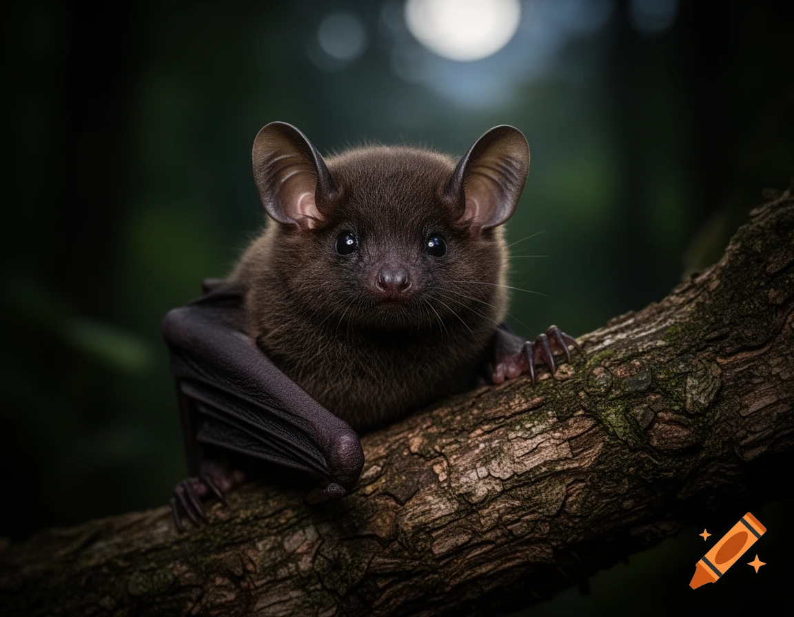 Photorealistic close-up of a small brown bat with large mouse-like ears perched on a mossy tree branch in a dark forest.