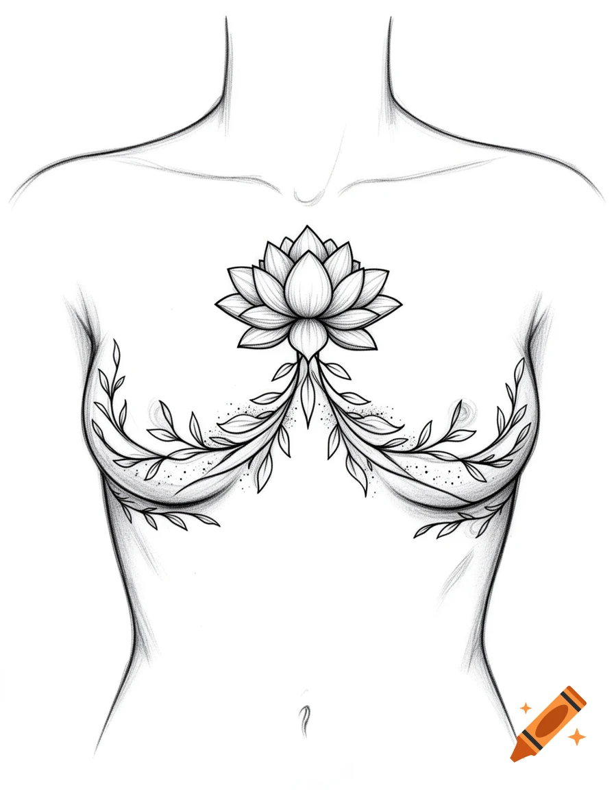 Black and white sketch of a sternum tattoo featuring a lotus flower at the center and leafy branches extending under the chest, on a woman's torso.