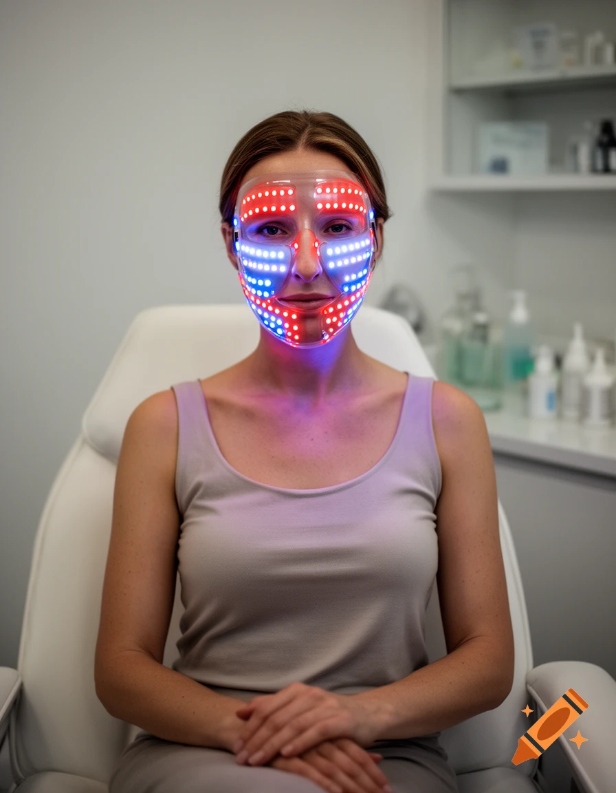 A woman wearing a glowing red and blue LED facial mask while sitting in a white chair.