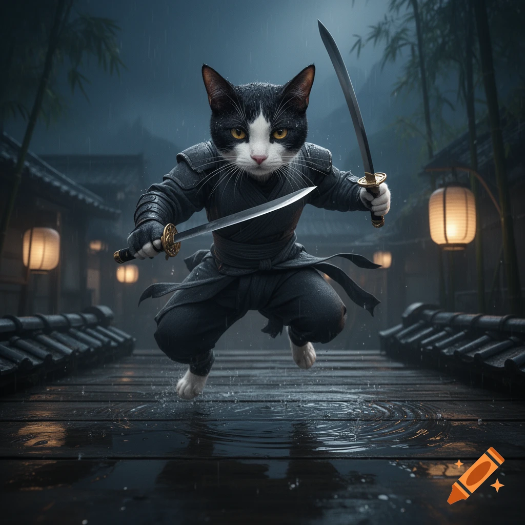 A black and white cat dressed as a ninja leaping with two swords across a wet wooden bridge at night.