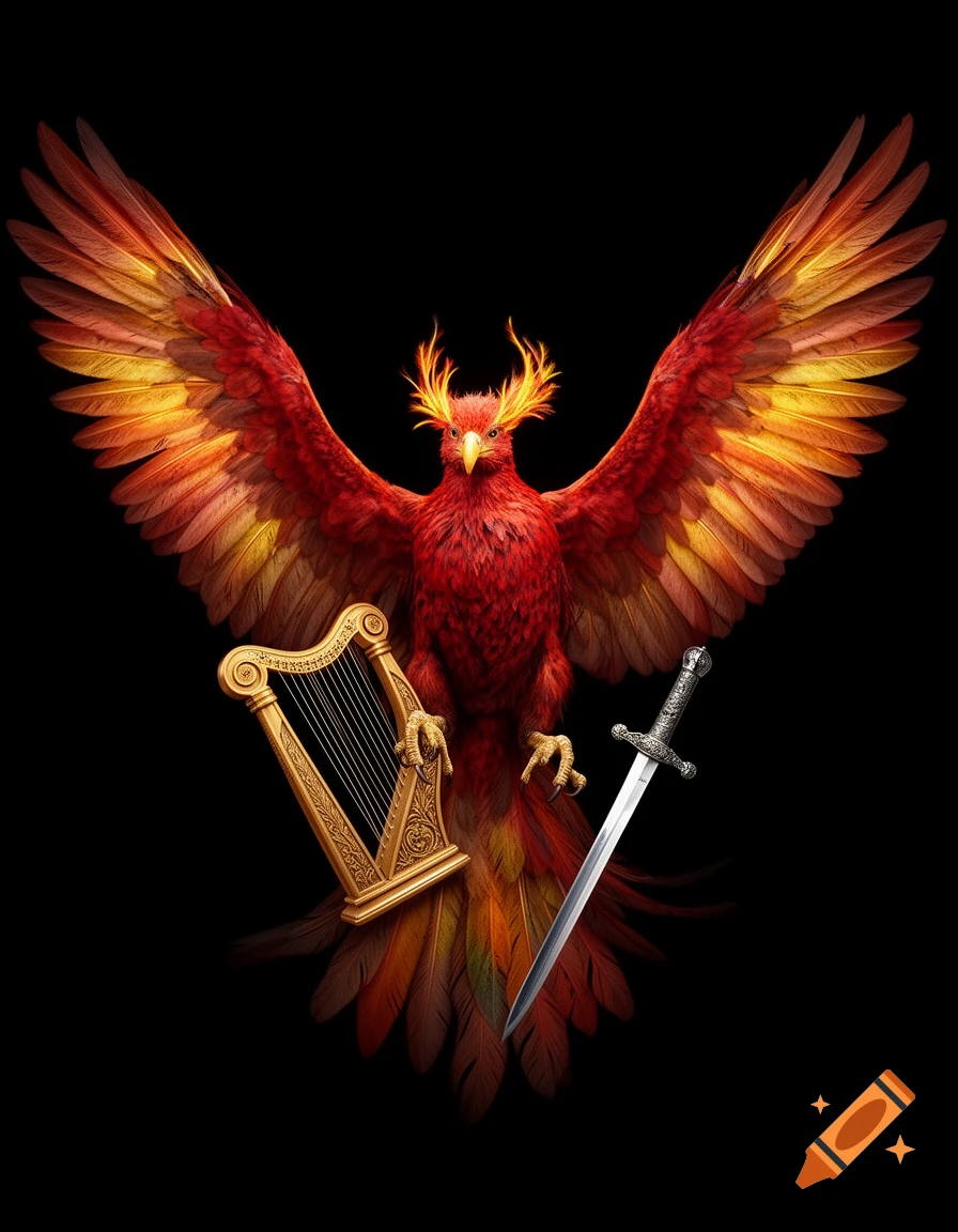 A majestic red and orange phoenix with wings spread, holding a golden harp in its right talon and a silver sword in its left talon against a black background.