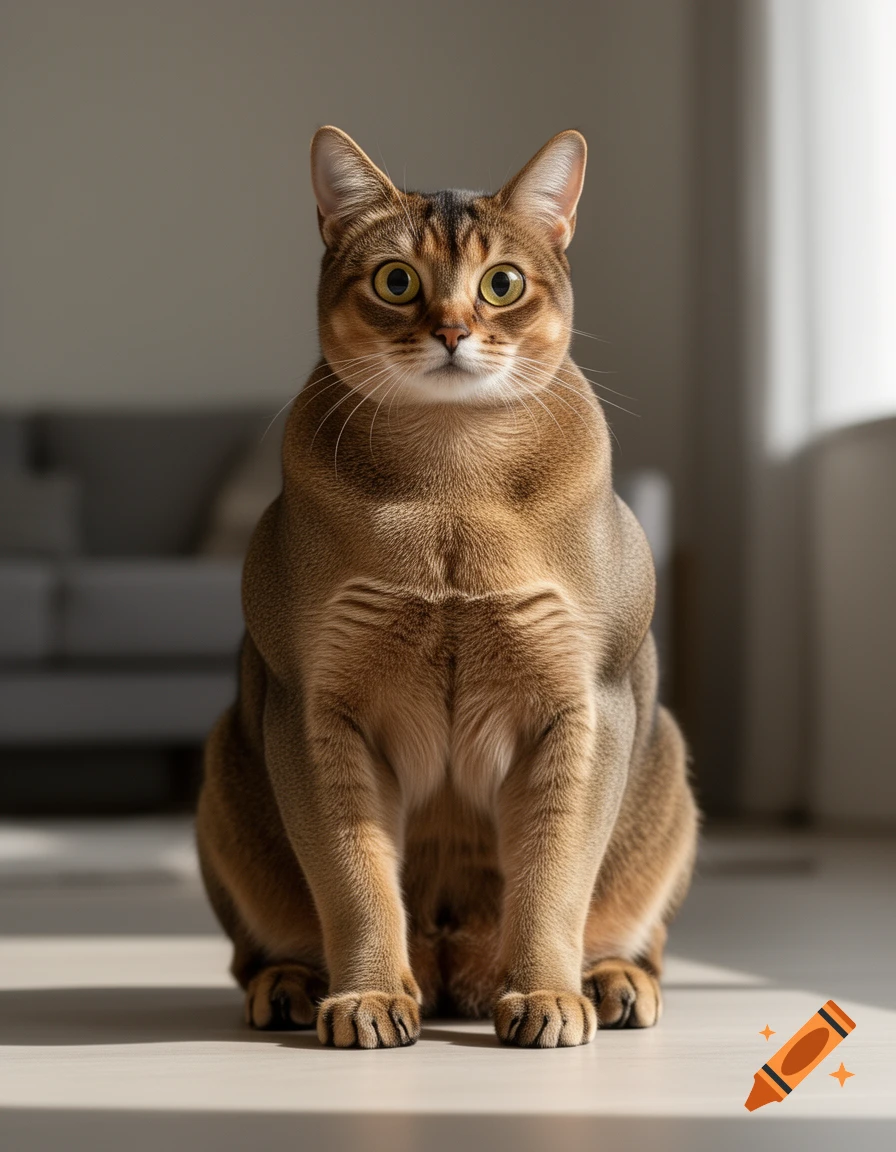 Photorealistic image of a brown Abyssinian cat with an exaggerated muscular body sitting indoors.