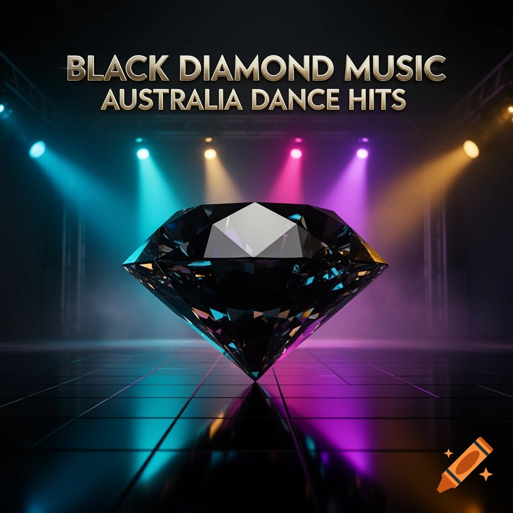 An album cover featuring a large black diamond on a stage with colorful spotlights and the text Black Diamond Music Australia Dance Hits.