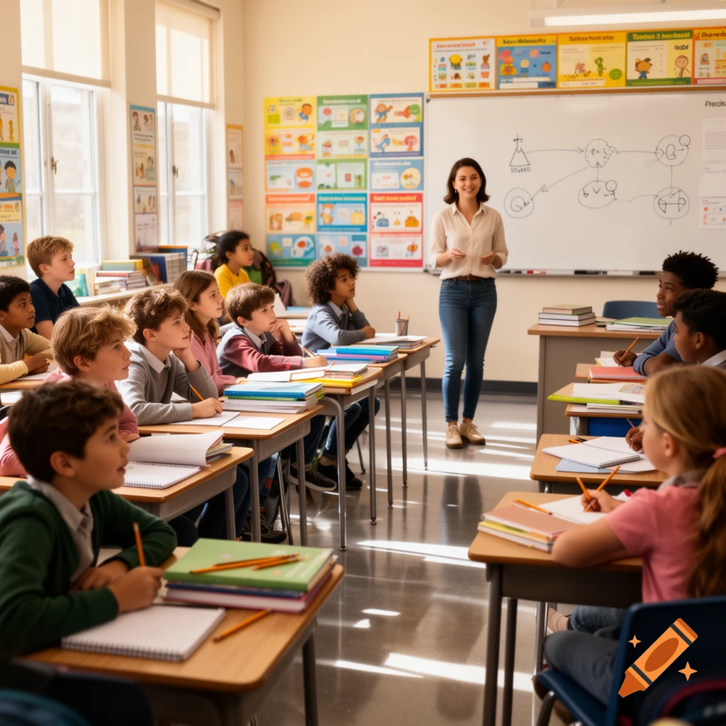 A teacher standing in front of a whiteboard in a classroom full of attentive students sitting at desks.